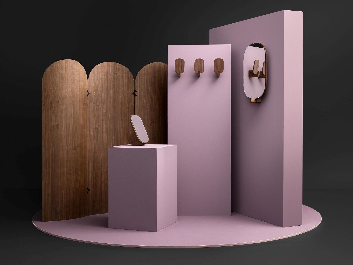 Ad Just Paravent Raumteiler aus Holz und rosa Elementen, mit Spiegel und Kleiderhaken.