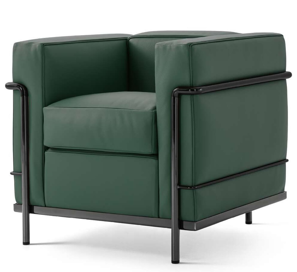 Cassina Grand Confort Sessel Petit Modèle in Grün mit schwarzem Stahlrohrgestell, modernes Design.