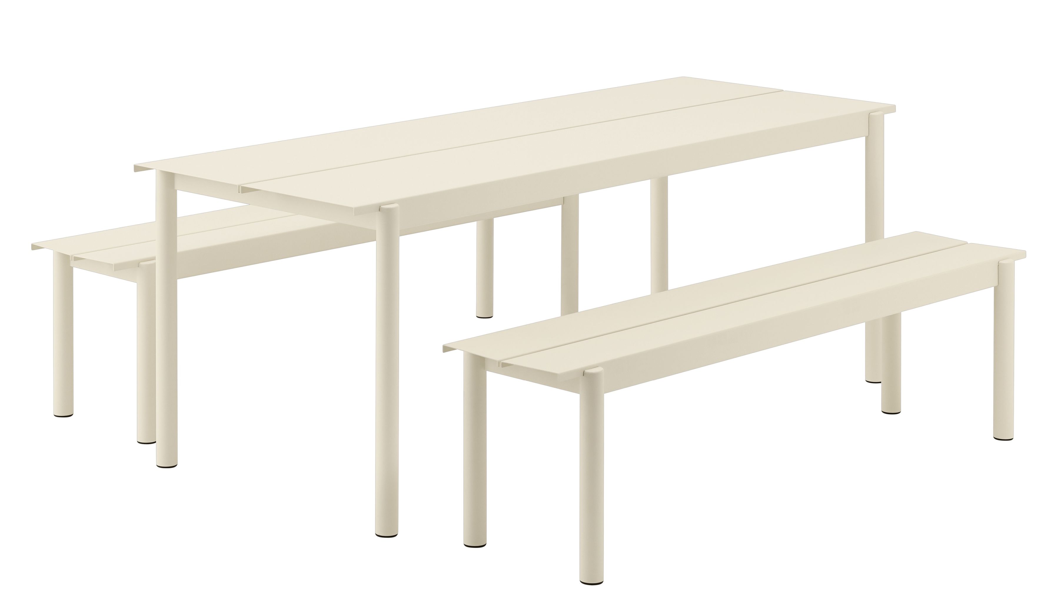 Muuto Linear Steel Outdoor Tischgruppe in Grau, bestehend aus Tisch und zwei Bänken.