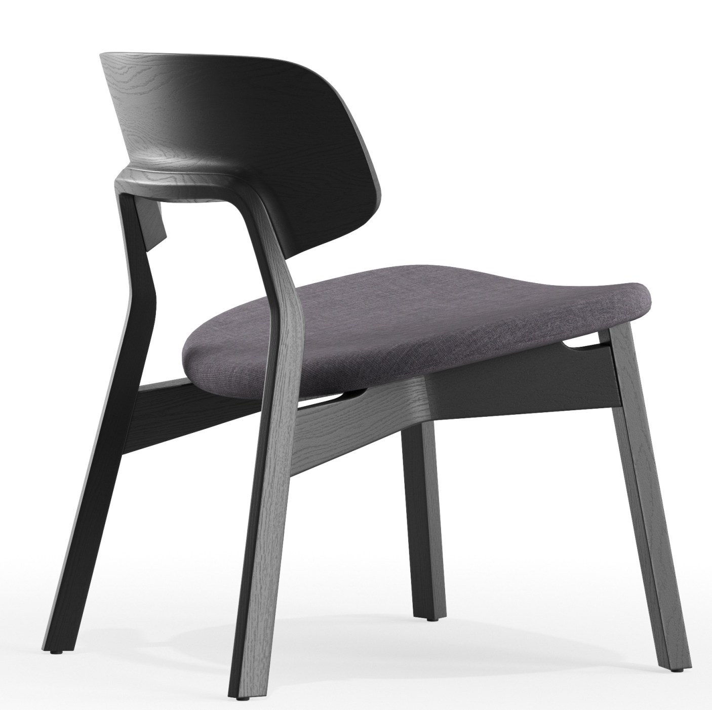 Nonoto Lounge Chair: Cocktailsessel mit dunklem Holzrahmen und grauem Sitzpolster, seitliche Ansicht.