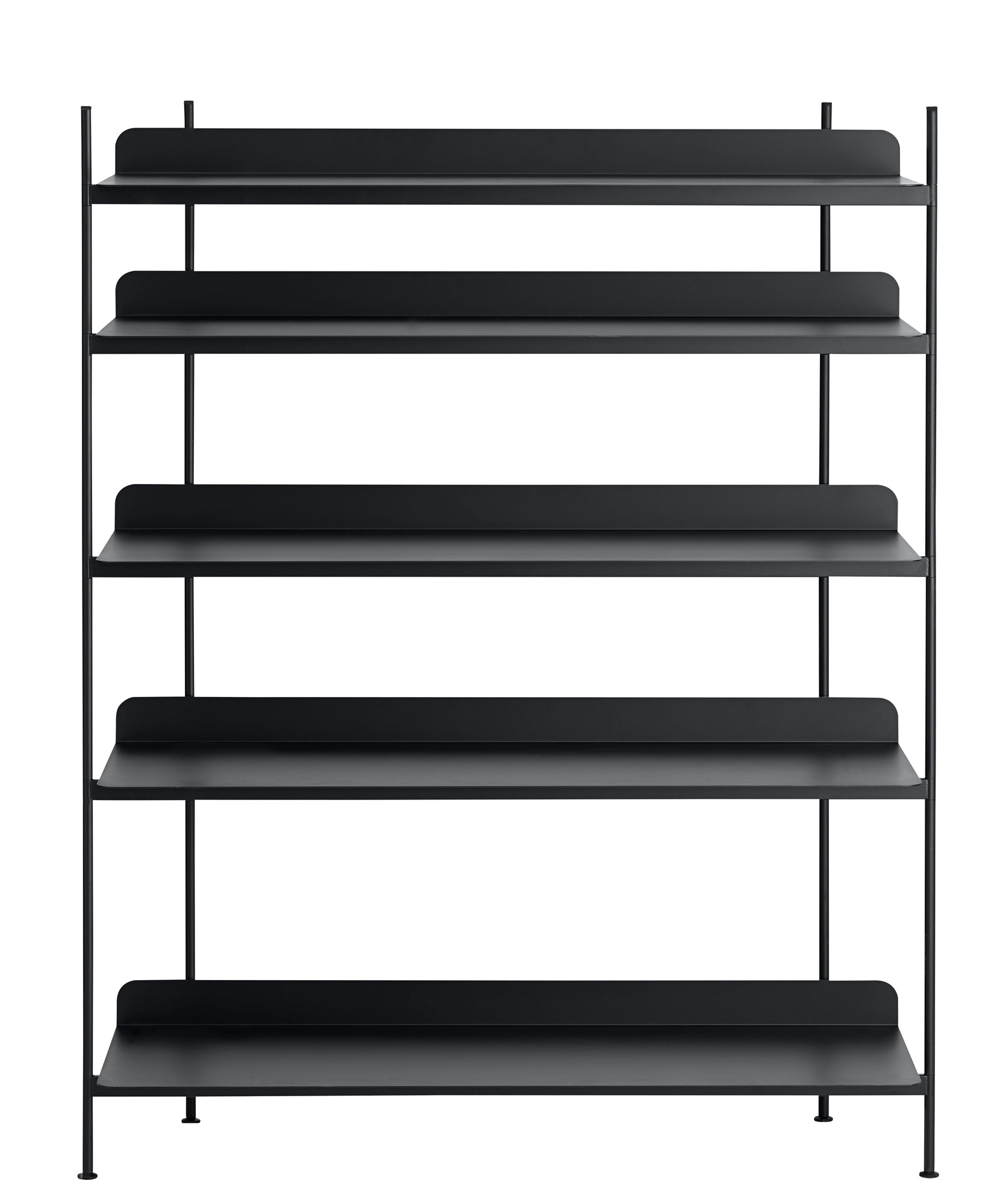 Schwarzes Compile Regalsystem von Muuto mit fünf Regalböden und minimalistischem Design für moderne Wohnräume.