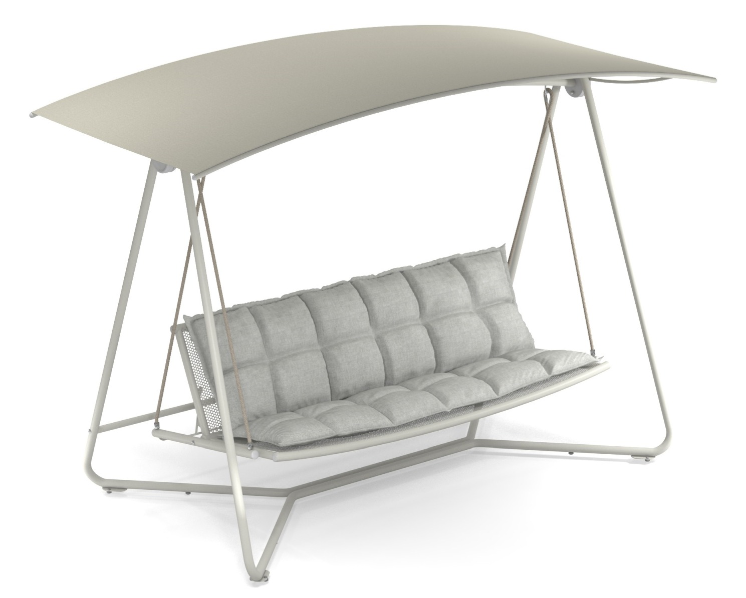 Reel Rocking Sofa, modernes Outdoor Schaukelsofa mit grauem Polster und Sonnendach für Garten und Terrasse.