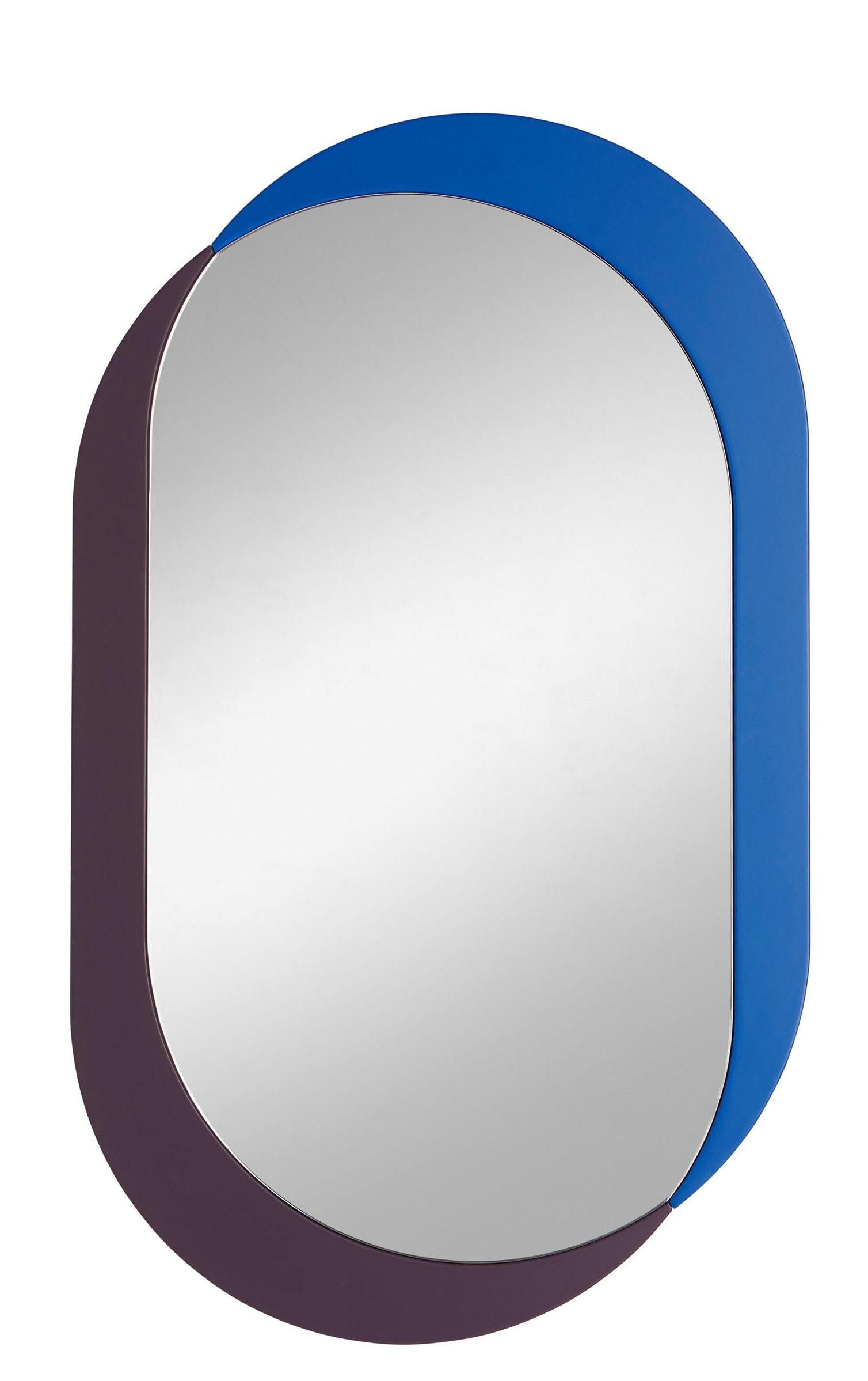 Kimo Wandspiegel M von Schönbuch mit blauem und auberginefarbenem Rahmen, modernes Design für Flur und Wohnraum.