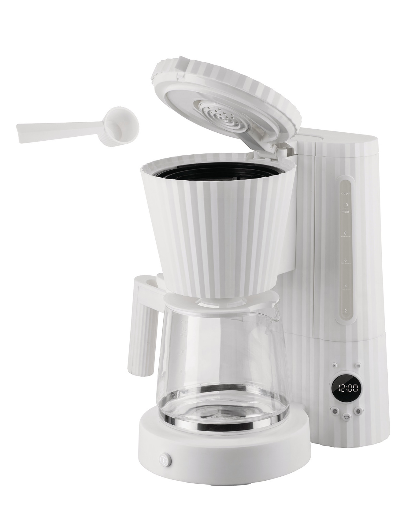Weiße Alessi MDL14 Plissé Filterkaffeemaschine mit Glaskanne und Dosierlöffel, modernes Design für köstlichen Filterkaffee.
