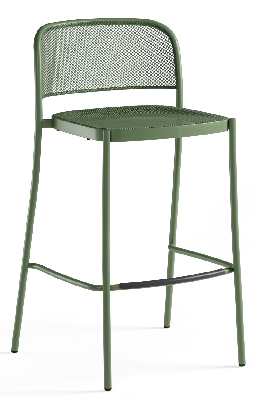 Grüner Cafè Barstool Barhocker von Emu für den Außenbereich mit Rückenlehne und Fußstütze.