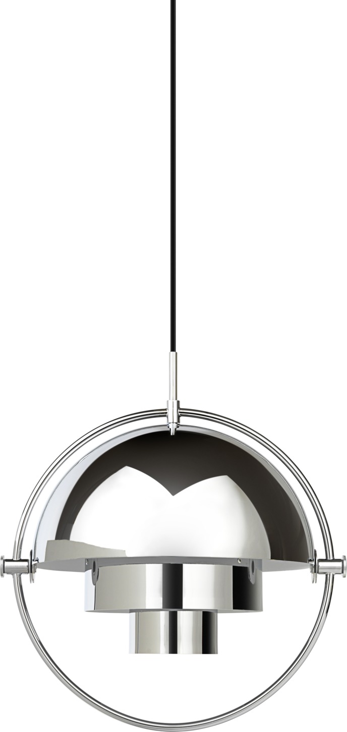 Chromfarbene Multi-Lite Pendelleuchte von Gubi. Moderne Hängelampe mit verstellbaren Schirmen für individuelles Licht.