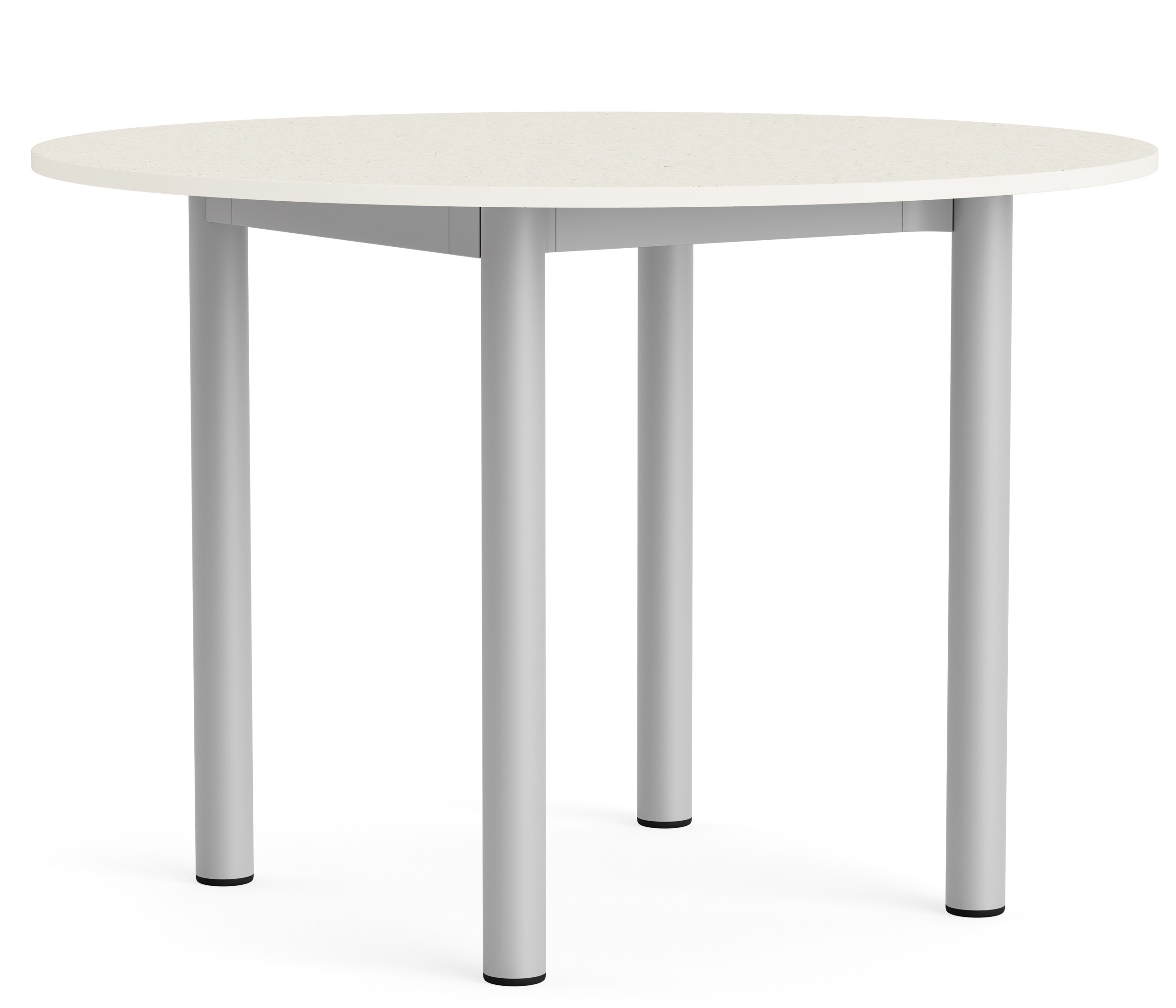 Annex Table Round Esstisch von Hay mit runder Tischplatte in Beige und silbernen Beinen.