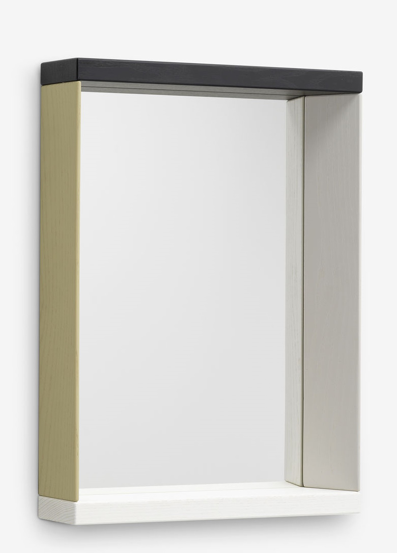 Vitra Colour Frame Spiegel mit farbigem Holzrahmen und Ablage in Weiß, Schwarz, Beige.