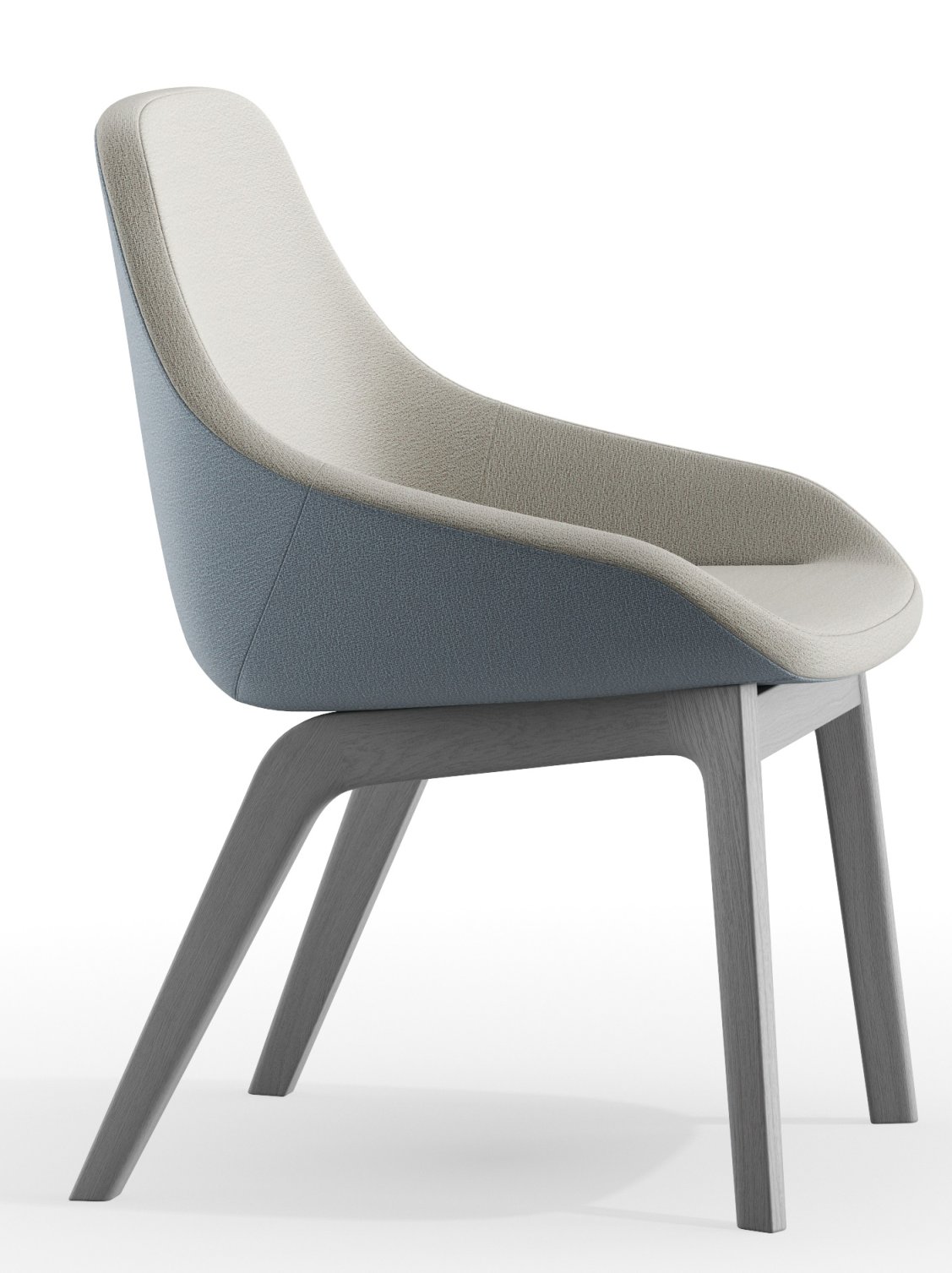 Morph Dining Chair Stuhl Zeitraum, gepolstert in Beige und Blau, mit hellgrauen Holzbeinen, Seitenansicht.