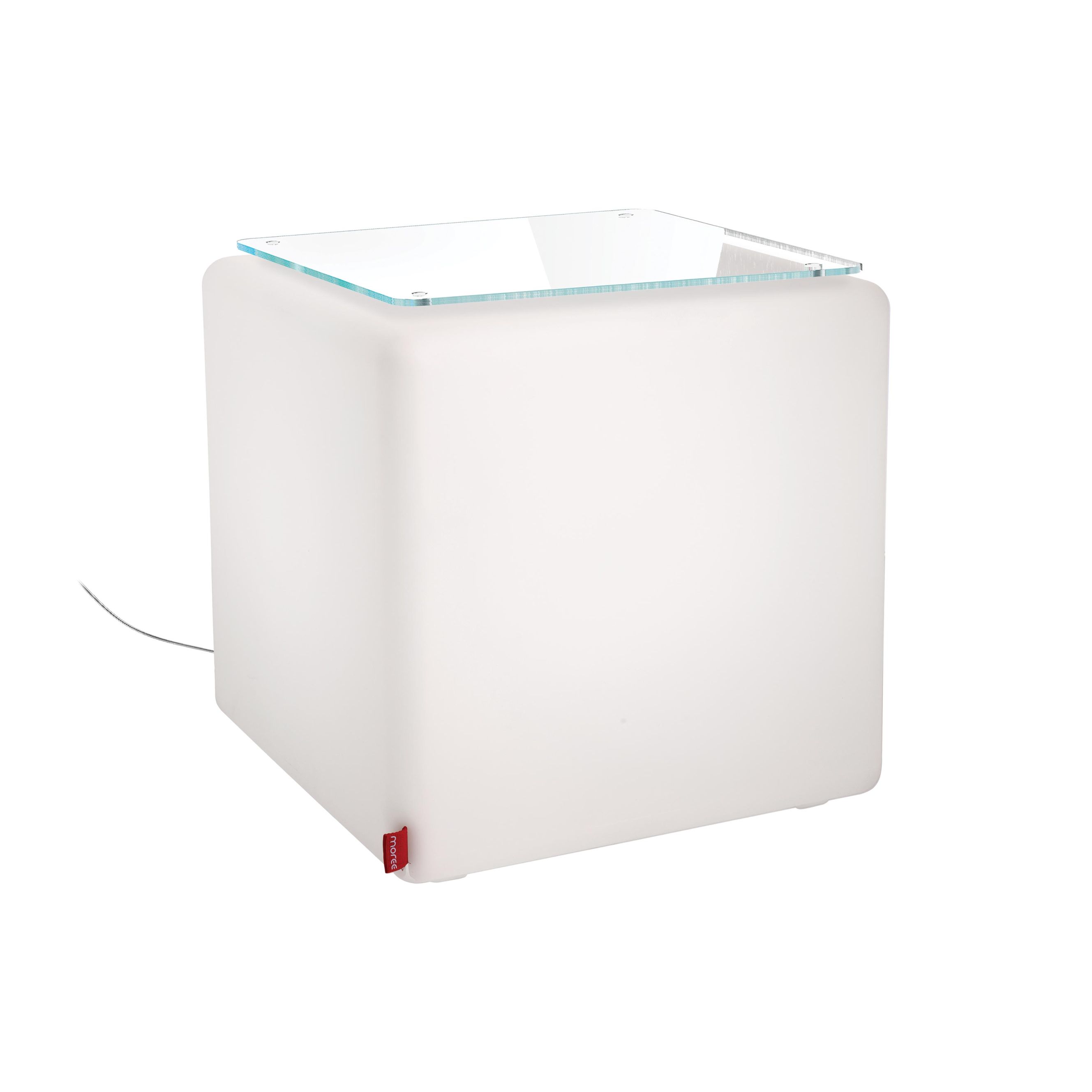 CUBE Hocker von Moree, weißer Korpus mit Glasplatte, ideal als Beistelltisch und Sitzgelegenheit.