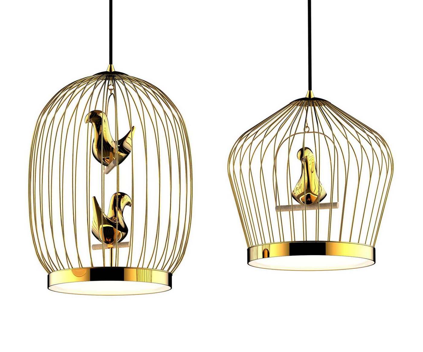 Twee T. Hängeleuchten von Casamania Horm, goldene Vogelkäfig-Designlampen mit Vogel-Dekoration für stilvolle Innenbeleuchtung.