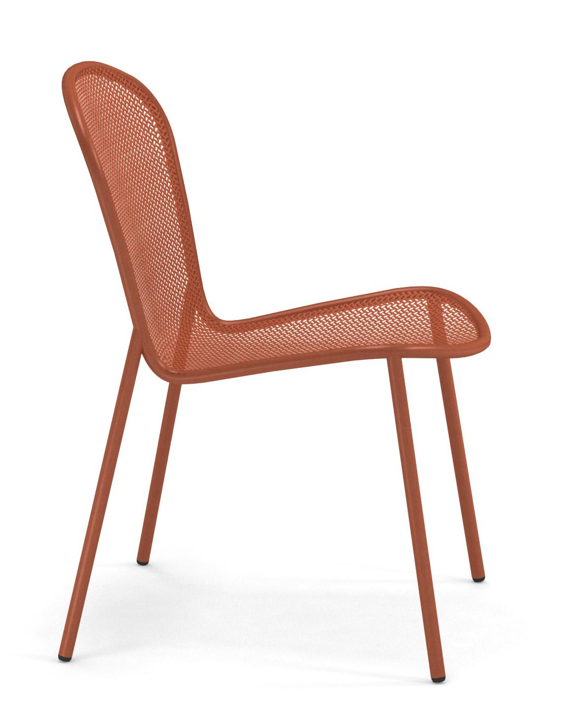 Ronda X Stuhl von Emu, orangefarbener Metallstuhl mit Netzstruktur, Seitenansicht für den Außenbereich.