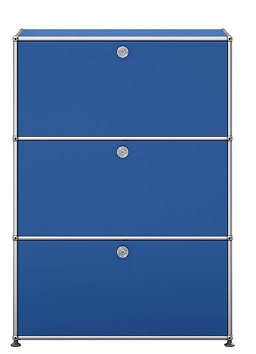USM Haller Highboard in Enzianblau mit drei Klappen und silbernen Beschlägen, modernes Designmöbel.