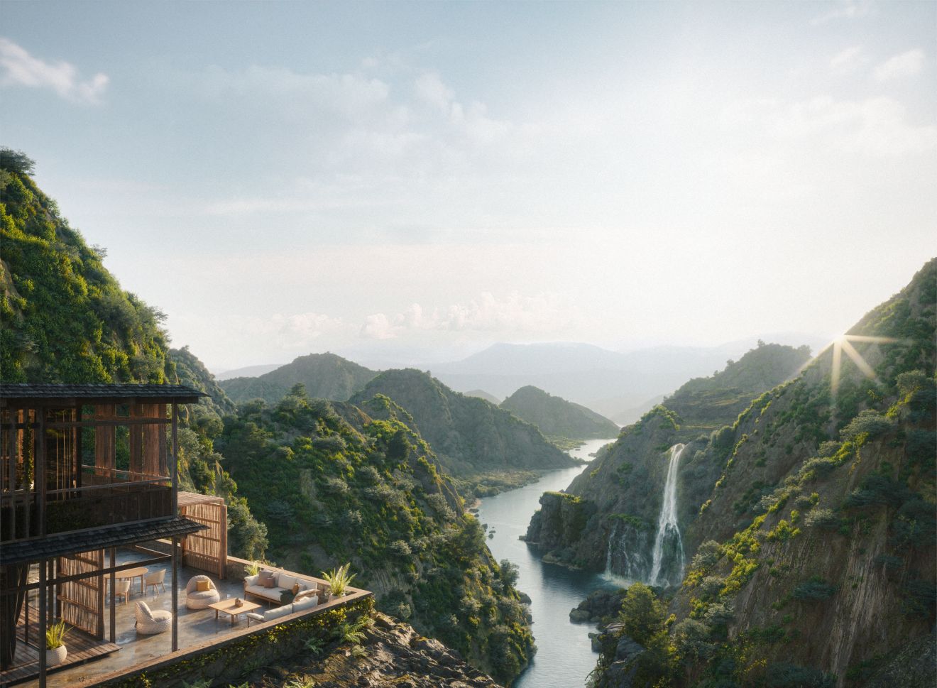 Luxuriöses Berghotel mit Terrasse und Panoramablick auf Wasserfall und grüne Hügellandschaft. Exklusive Ferienwohnung für Naturliebhaber.