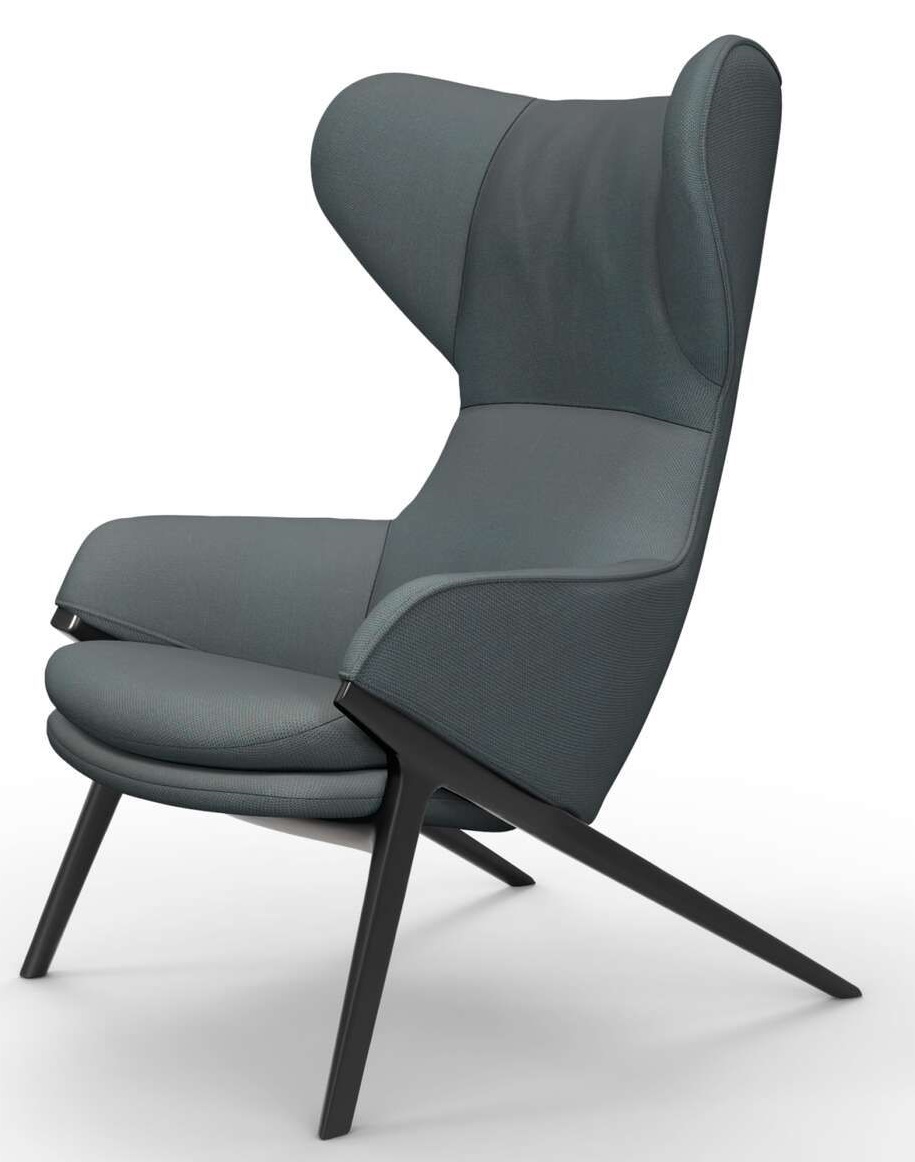 Grauer Cassina P22 Sessel mit hoher Rückenlehne und dunklem Holzgestell, modernes Design für Wohnzimmer.