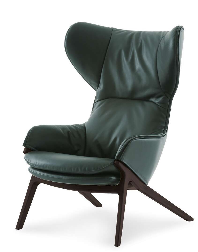 Cassina Sessel P22 395 in Grünleder mit hohem Rücken und dunklem Holzgestell.