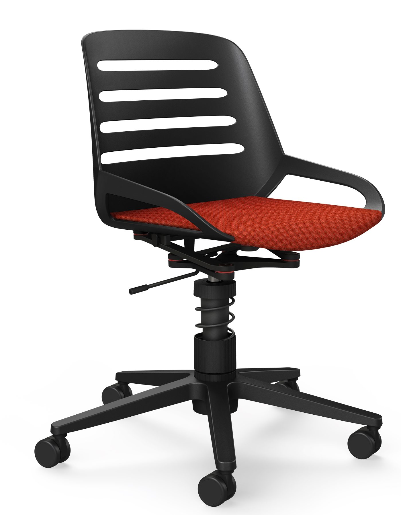 Numo Bürodrehstuhl von Aeris mit schwarzem Gestell und rotem Sitzpolster, ergonomischer Arbeitsstuhl mit Rollen.