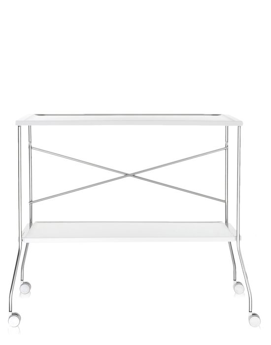 Weißer Flip Rollwagen von Kartell mit zwei Ablageflächen und Chromgestell auf Rollen.