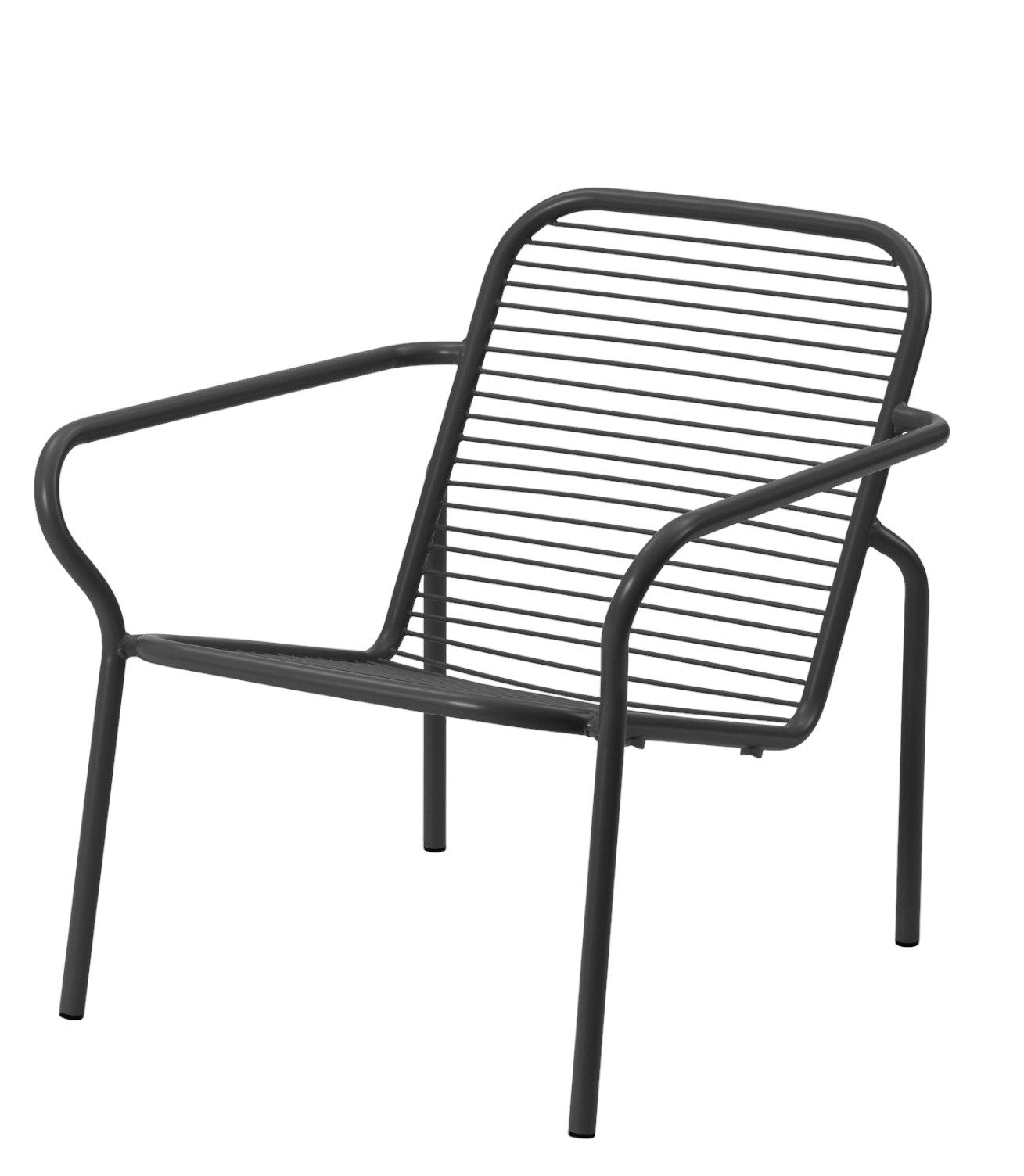 Normann Copenhagen Vig Lounge Chair Sessel Outdoor in Grau, minimalistisches Design mit Stahlrohrrahmen und horizontalen Streben.