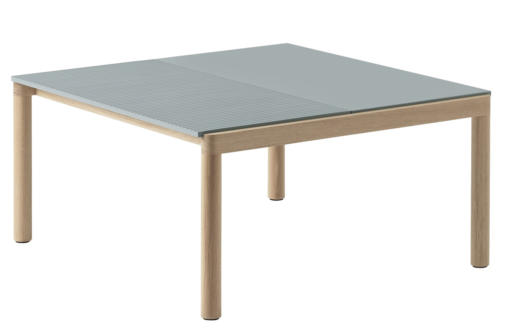 Muuto Couple Coffee Table Couchtisch mit hellgrauer Tischplatte und Holzgestell, modernes Möbeldesign.