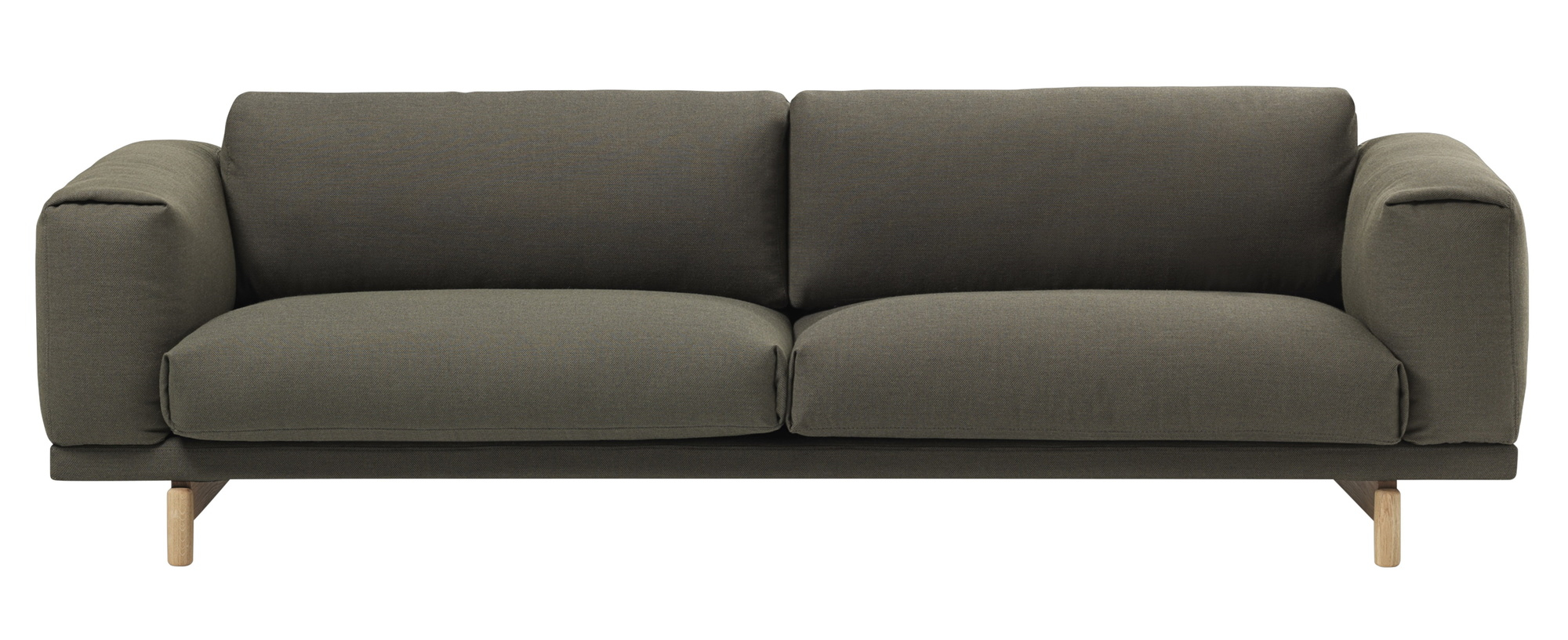 Muuto Rest Sofa, graubraunes 3-Sitzer Sofa mit Stoffbezug und Holzfüßen für modernes Wohnzimmer.