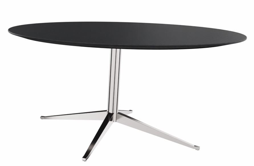 Florence Rund Table von Knoll International mit schwarzer Tischplatte und verchromtem Fuß.