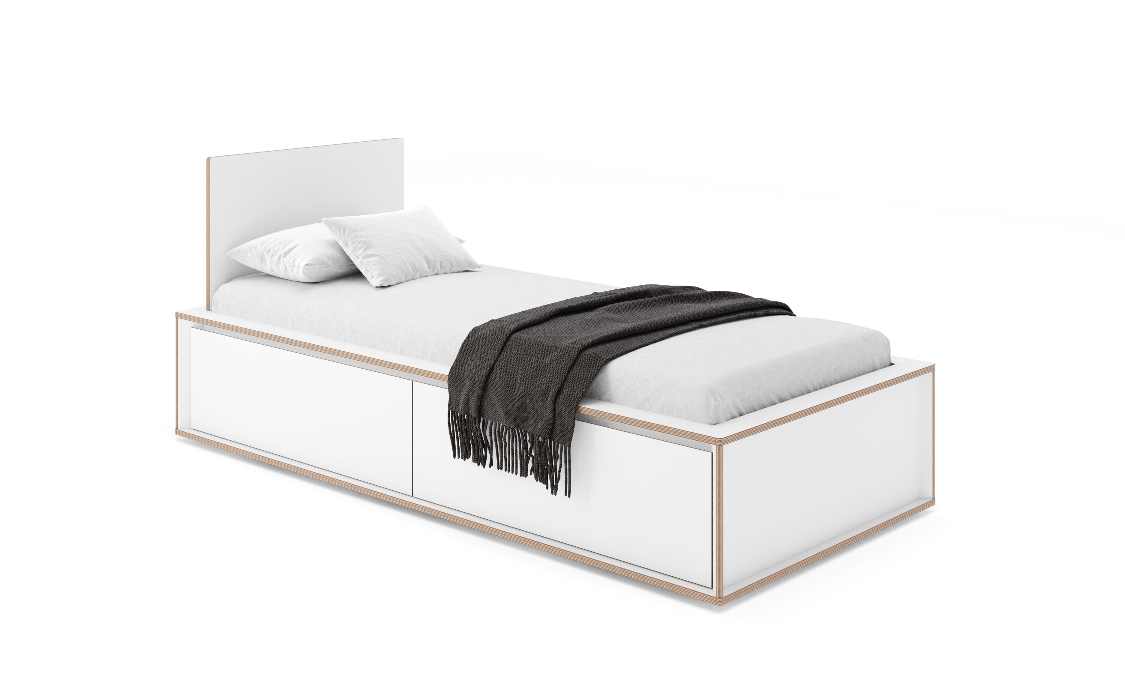 Spaze Bett von Müller Möbelwerkstätten mit Schubladen, weiß, mit Decke und Kissen.
