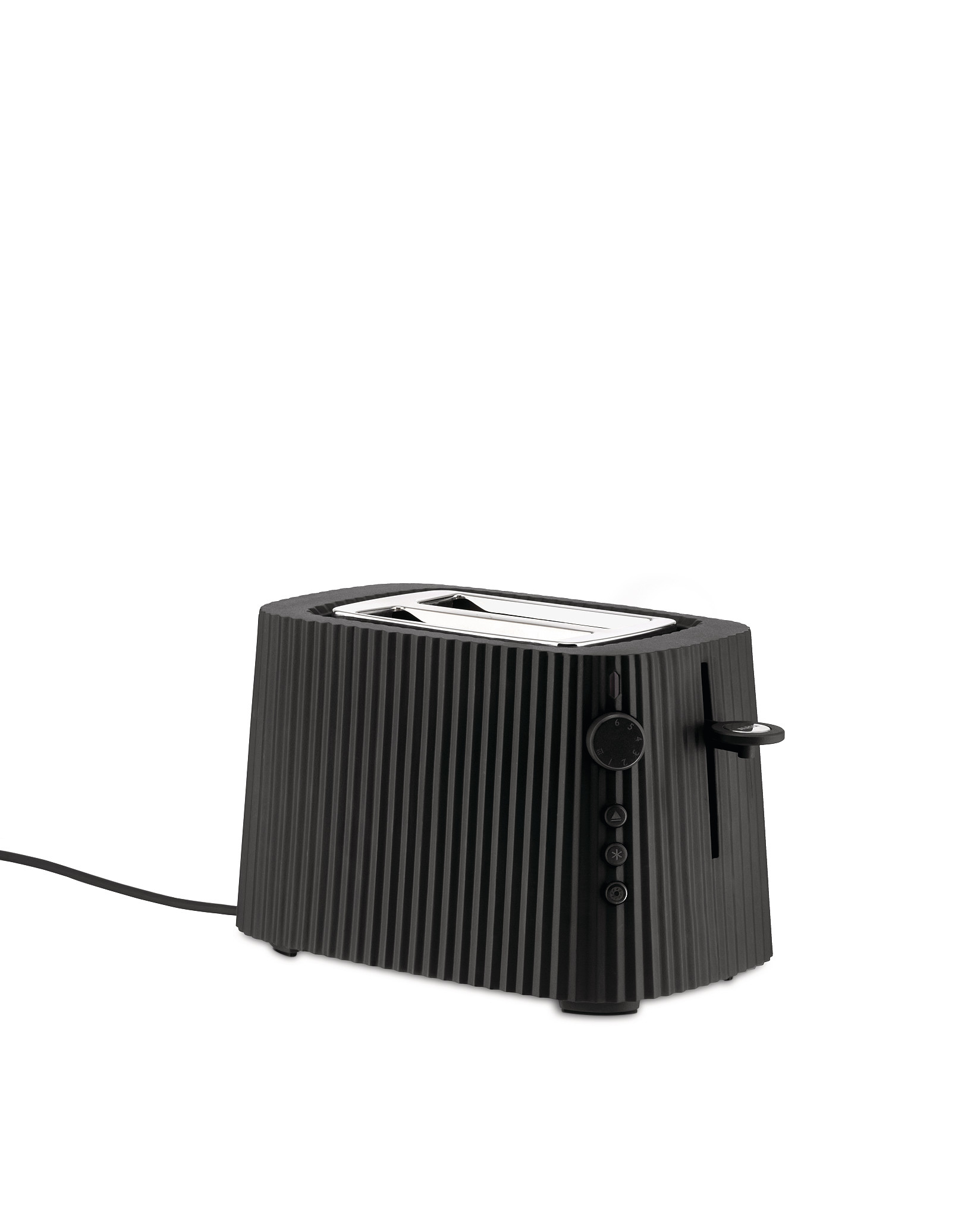 Schwarzer Alessi Plissé Toaster mit Rillenstruktur. Modernes Design für die Küche. Küchengerät zum Toasten.