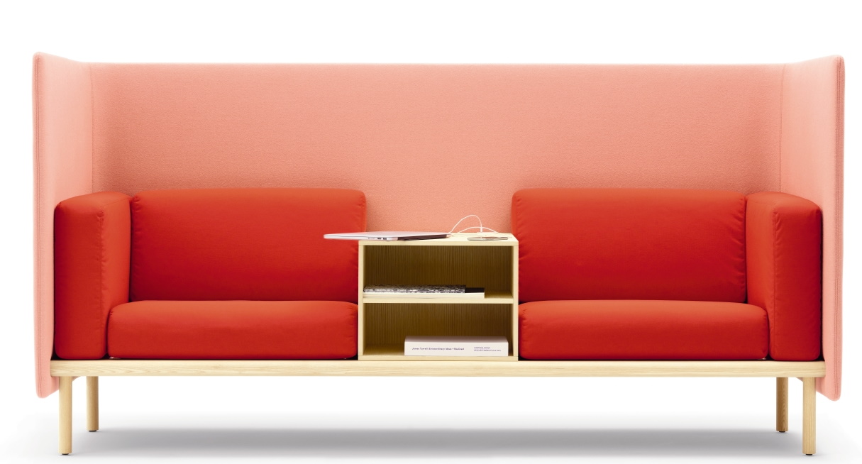 Floater Sofa von Cor, 3-Sitzer in Rot und Rosa mit integriertem Tisch und Stauraum.