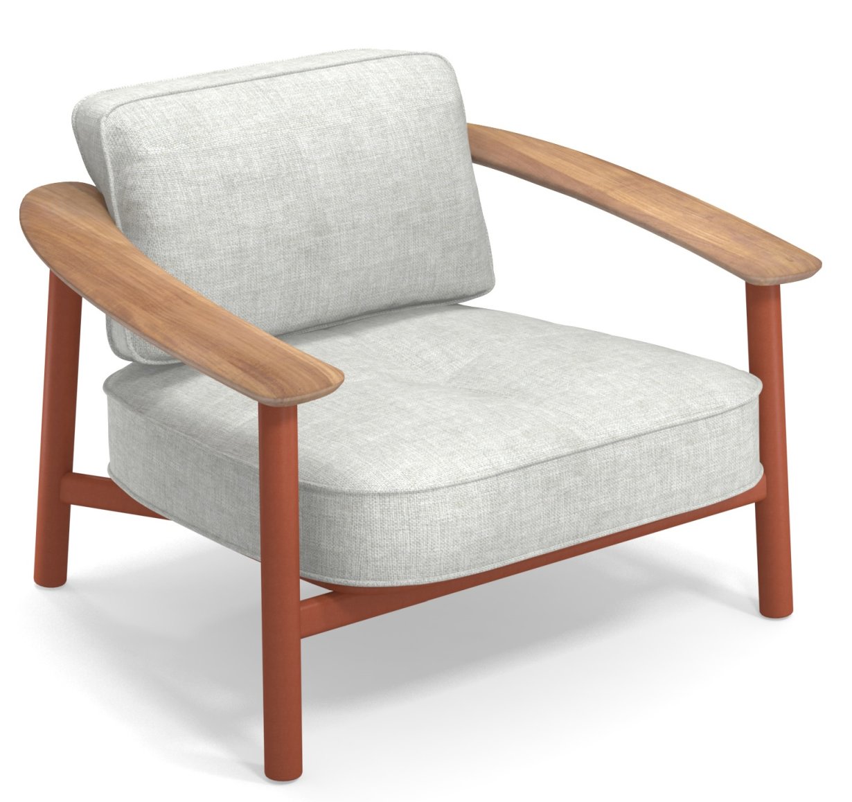 Twins Lounge Chair Outdoor Sessel von Emu mit hellgrauem Bezug und Holzarmlehnen.