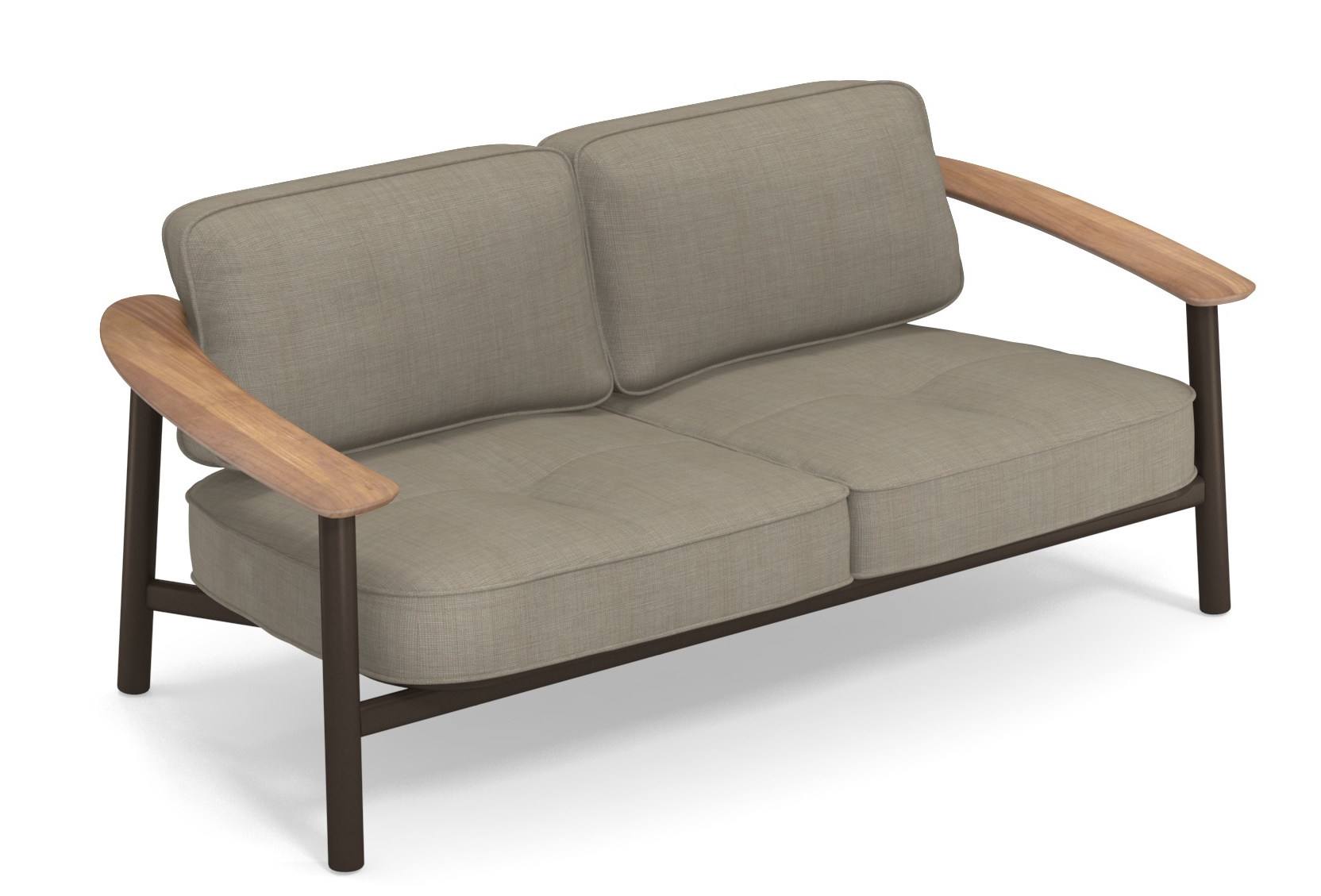 Emu Twins Outdoor Sofa, modernes 2-Sitzer Gartensofa mit braunem Gestell und hellbraunen Polstern.