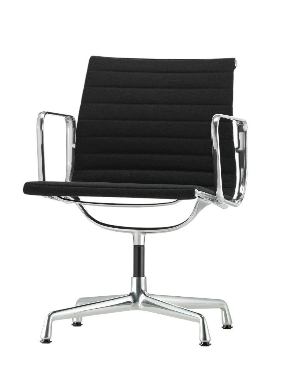 Vitra Aluminium Chair EA 107 mit schwarzem Bezug und poliertem Aluminiumgestell, Bürostuhl für Konferenzräume.