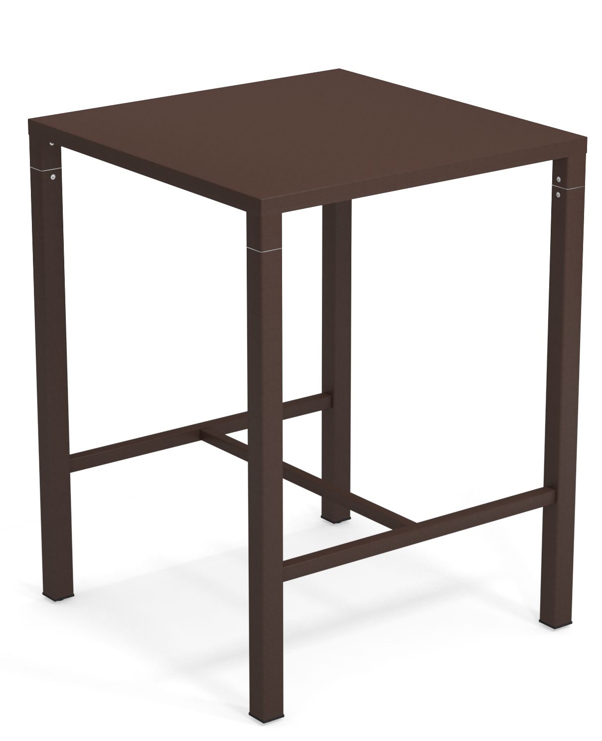 Nova Hochtisch Outdoor Emu, quadratischer Stehtisch für den Außenbereich, braunes Metallgestell.