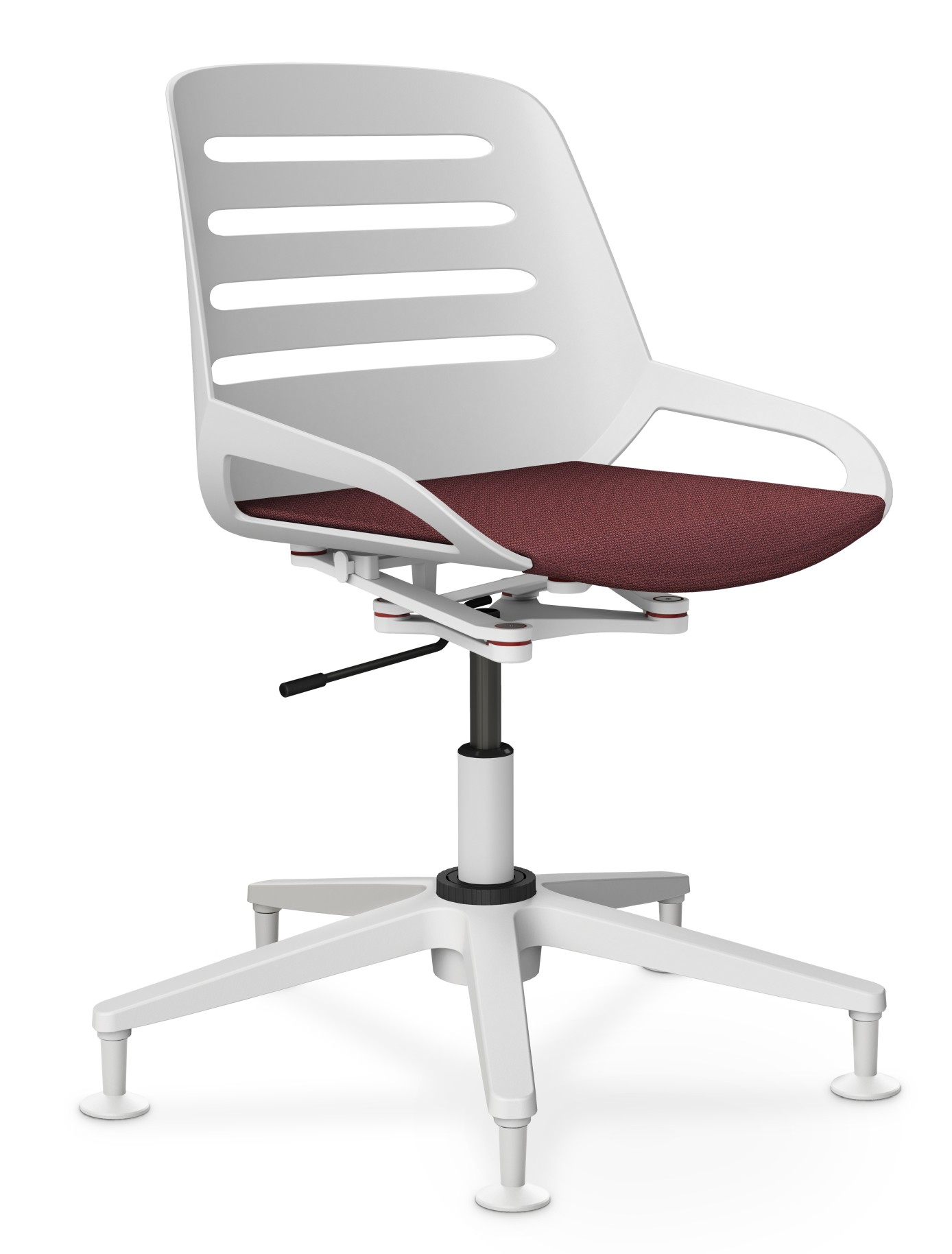 Numo Task Bürodrehstuhl von Aeris mit weißem Gestell und bordeauxrotem Sitzpolster, ideal für ergonomisches Sitzen im Büro.