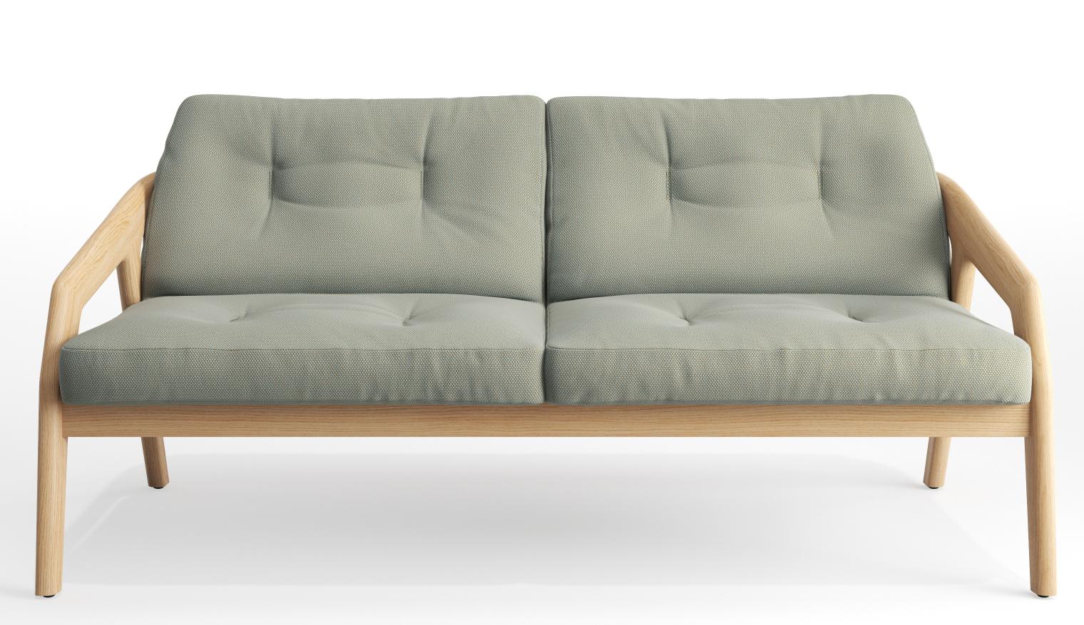 Friday 2 Sofa 2-Sitzer Zeitraum, modernes hellgraues Sofa mit Holzrahmen und bequemen Sitzkissen.
