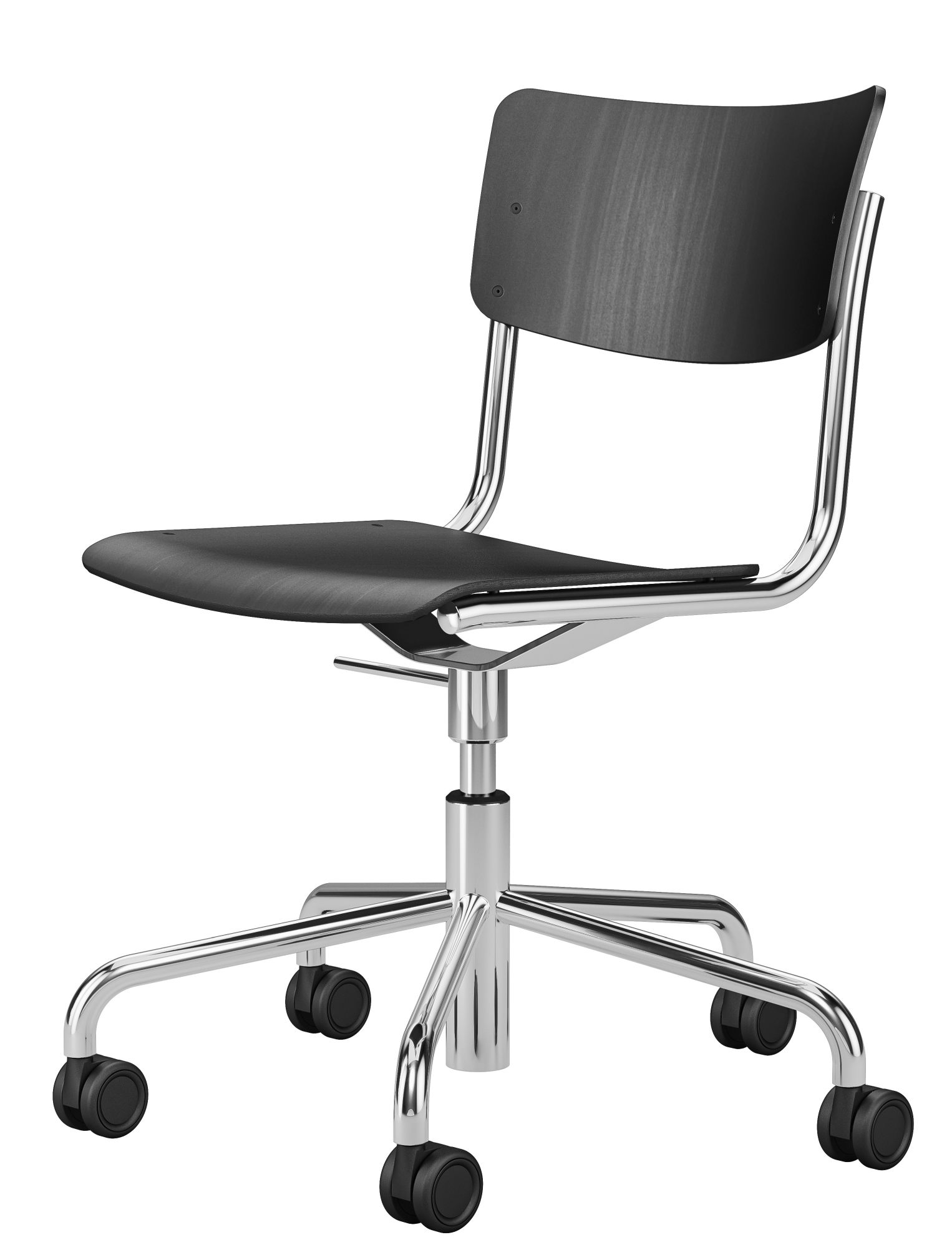 Schwarzer Thonet Drehstuhl S 43 DR mit Chromgestell und Rollen, Bürostuhl für ergonomisches Sitzen.