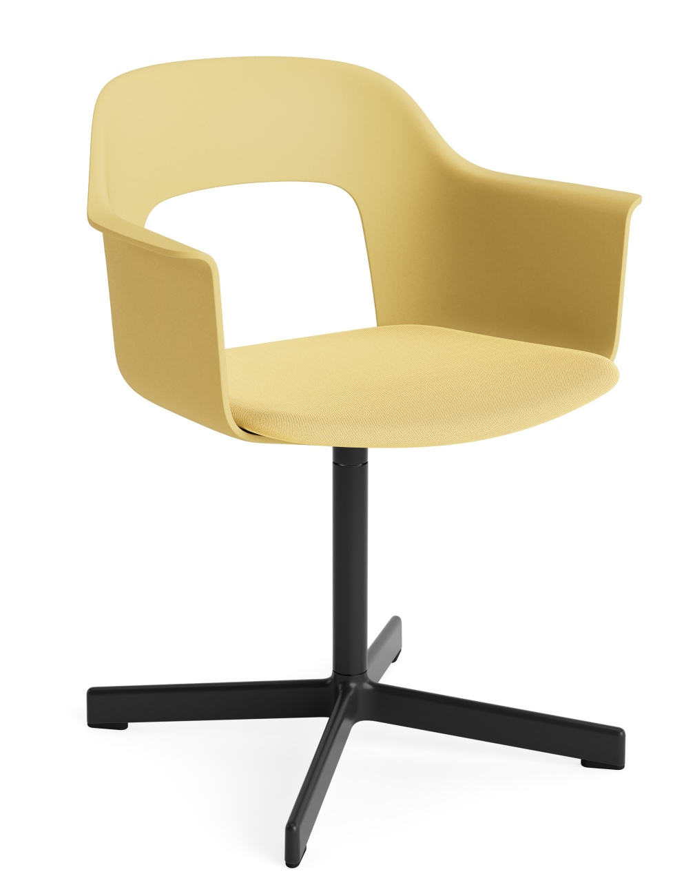 Gelber Layout Armchair von Hay mit Armlehnen und schwarzem Drehfuß für Büro und Wohnzimmer.