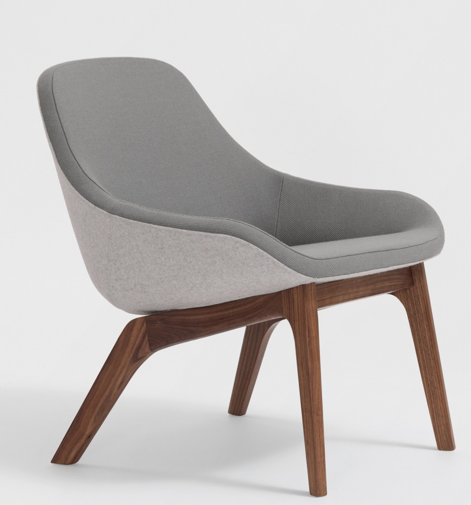 Morph Lounge Chair Sessel von Zeitraum mit grauem Stoffbezug und dunklem Holzgestell, seitliche Ansicht.