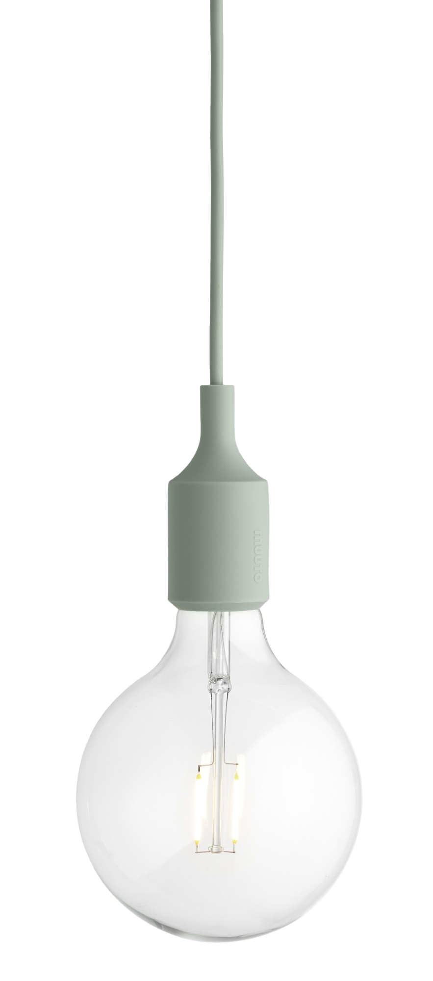 Nahaufnahme der hellgrauen Muuto E27 Socket Lampe, eine moderne Pendelleuchte mit Glühbirne.