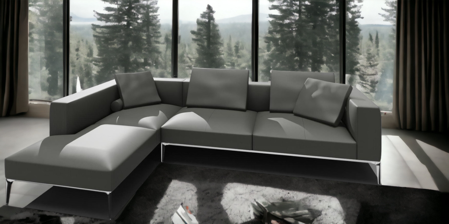 Jaan Living Sofa: Elegantes 3-Sitzer Ledersofa in Taupe mit Kissen und Komfortrollen.