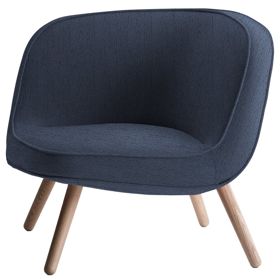 Blauer Fritz Hansen Sessel Via57 mit Stoffbezug und hellen Holzbeinen, modernes Design für Wohnzimmer.