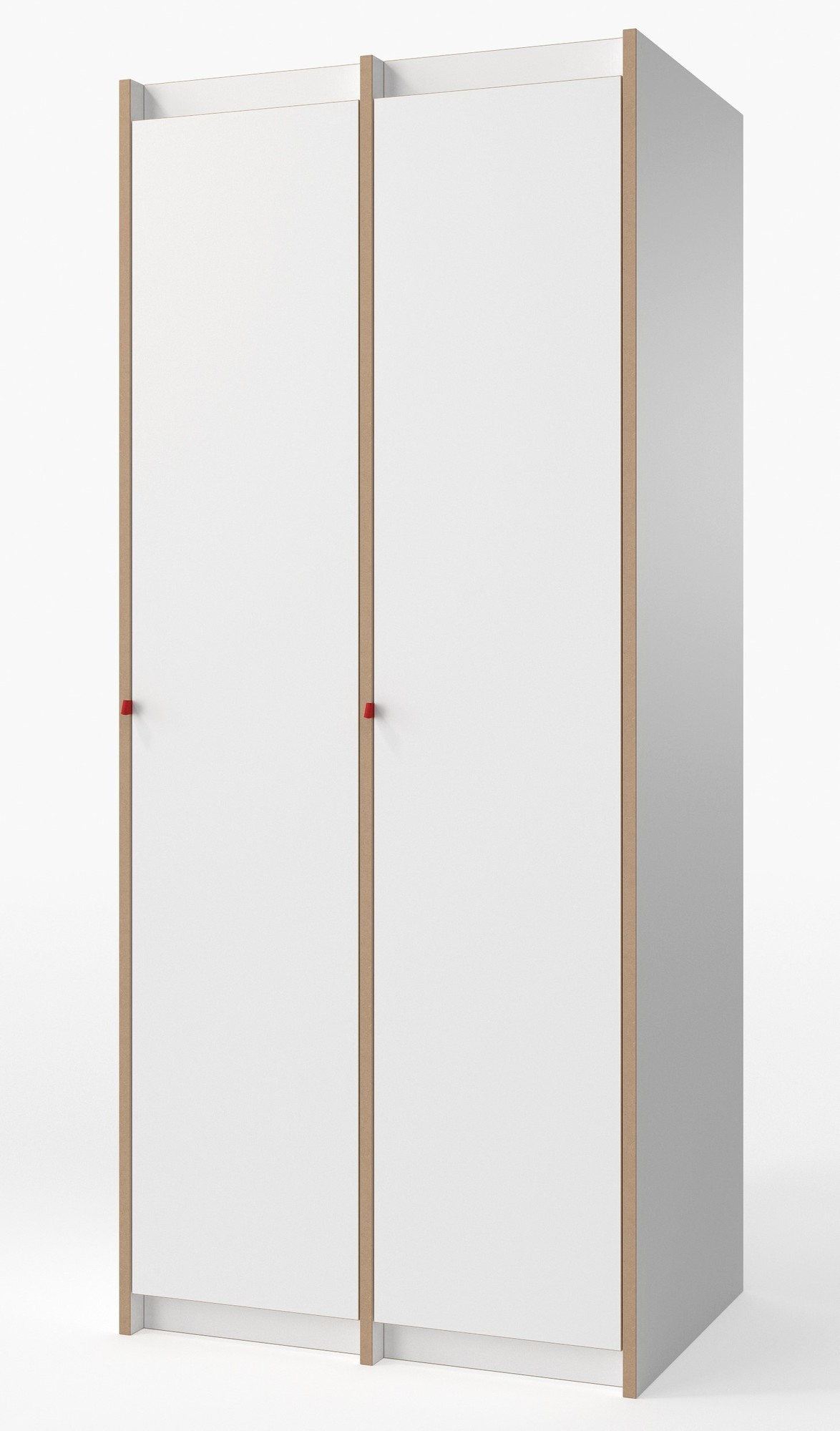 Tojo Steh Schrank Anbaumodul, weißer Kleiderschrank mit zwei Türen und roten Griffen, modernes Schranksystem.