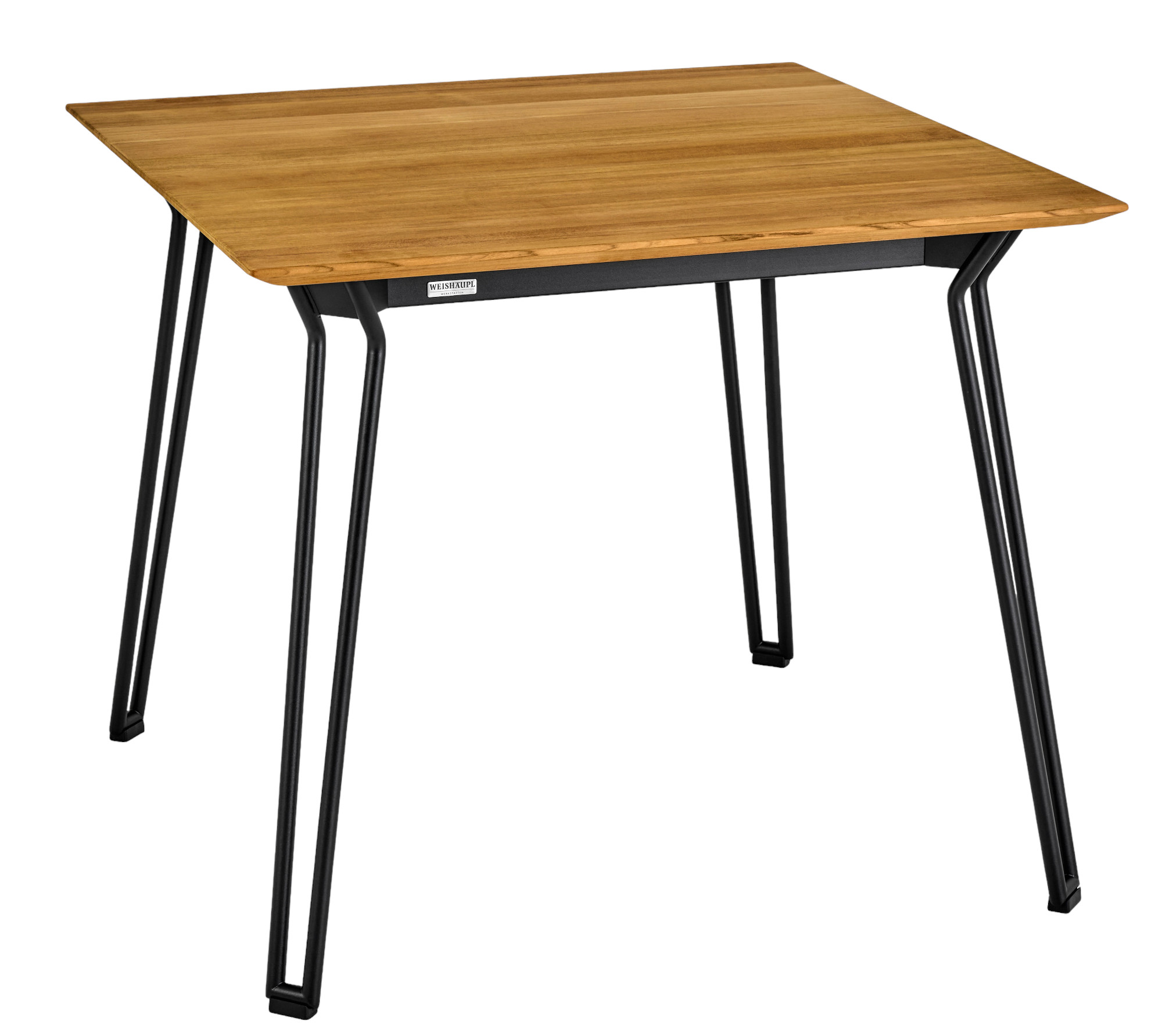 Quadratischer Weishäupl Slope Tisch für den Außenbereich mit Holzplatte und schwarzen Beinen.