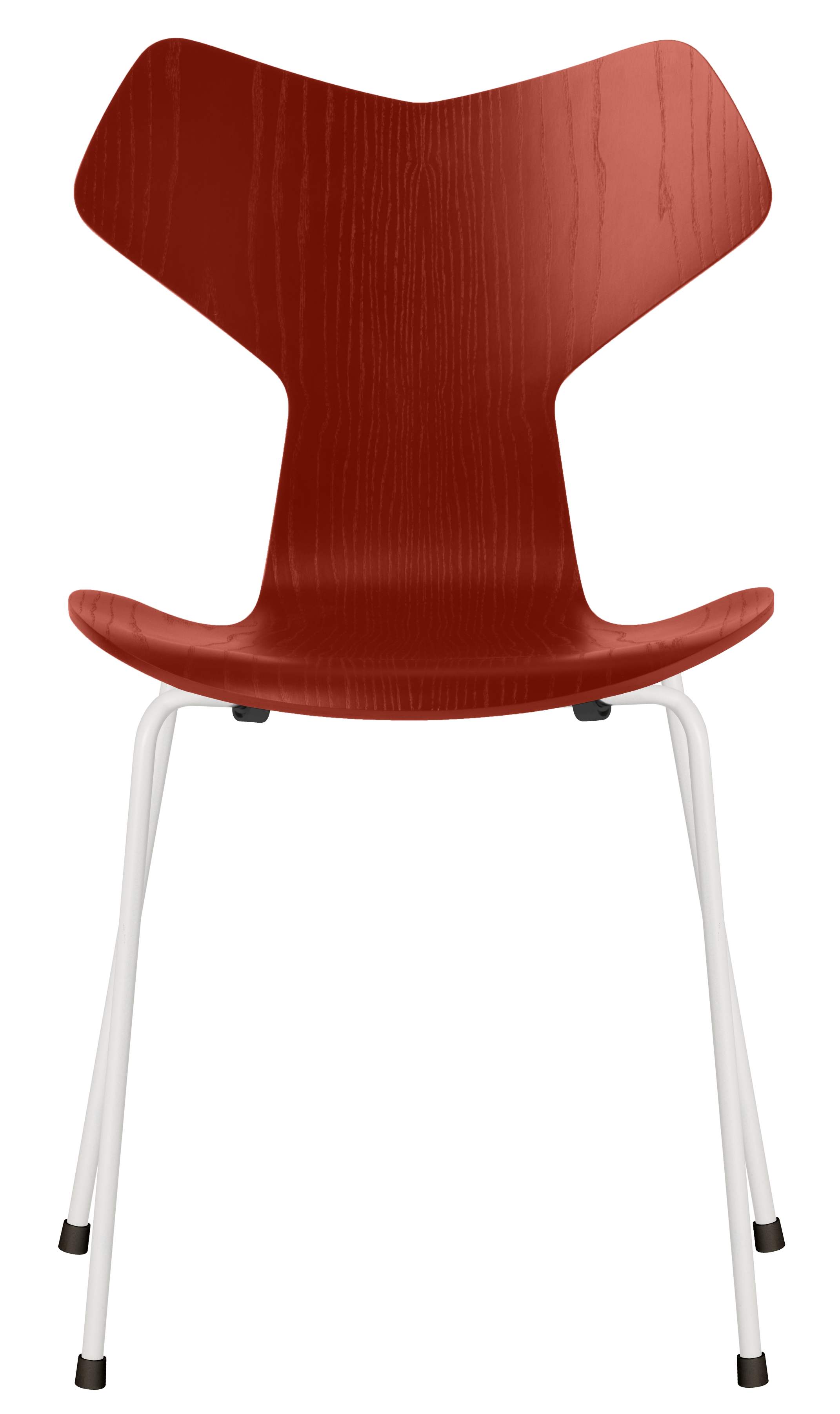 Grand Prix Stuhl von Fritz Hansen, rote Holzschale mit Maserung und weißem Stahlgestell.