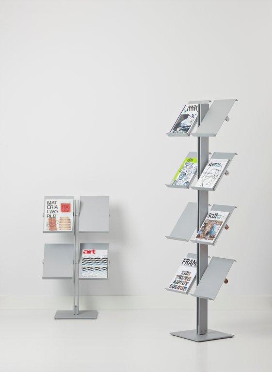 Flexxible Prospektständer von Cascando, graues Regal für Broschüren und Magazine, ideal für Verkaufsräume.