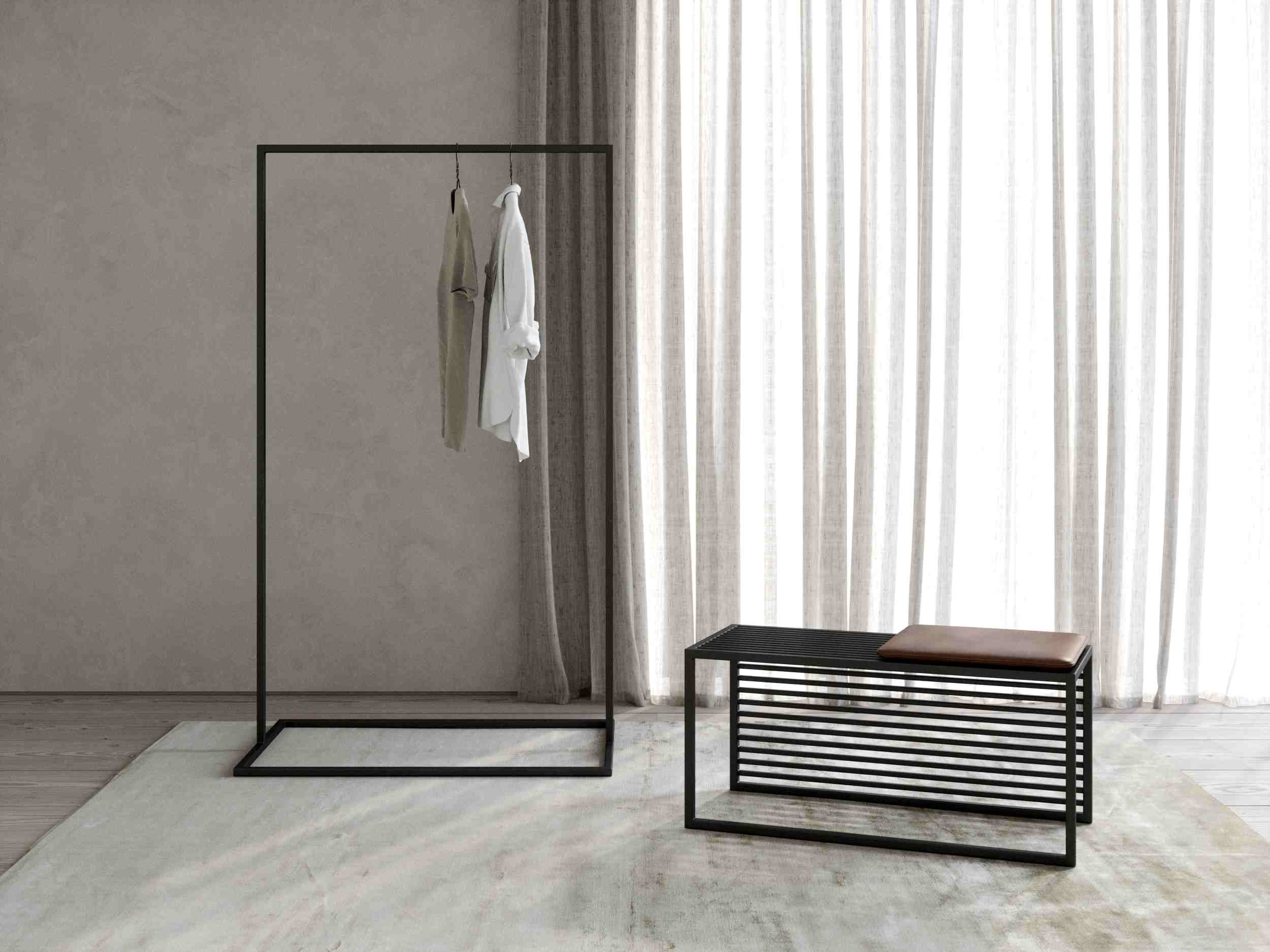 Element Bench Bank novoform: Schwarze Bank mit braunem Sitzkissen und passender Kleiderstange im minimalistischen Design.