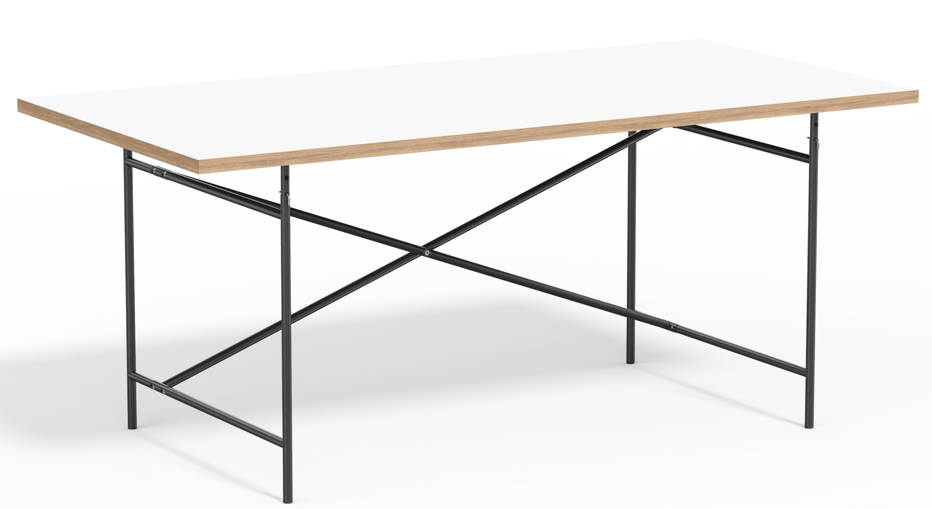 Eiermann Tisch mit weißer Tischplatte und schwarzem Stahlgestell für Büro und Arbeitszimmer.