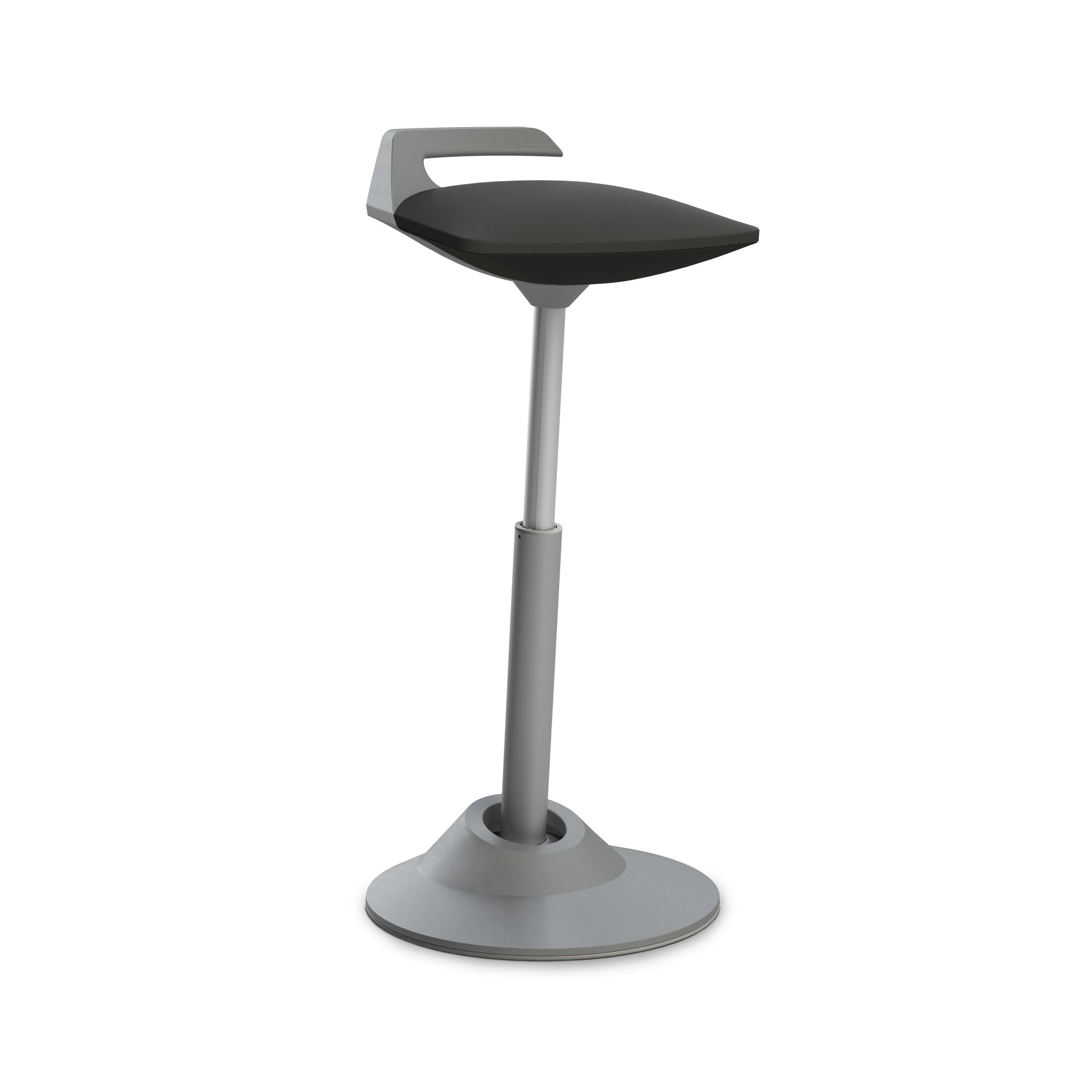 Ergonomischer Stehhocker in Grau mit schwarzem Sitz für Büro und Homeoffice, höhenverstellbar.