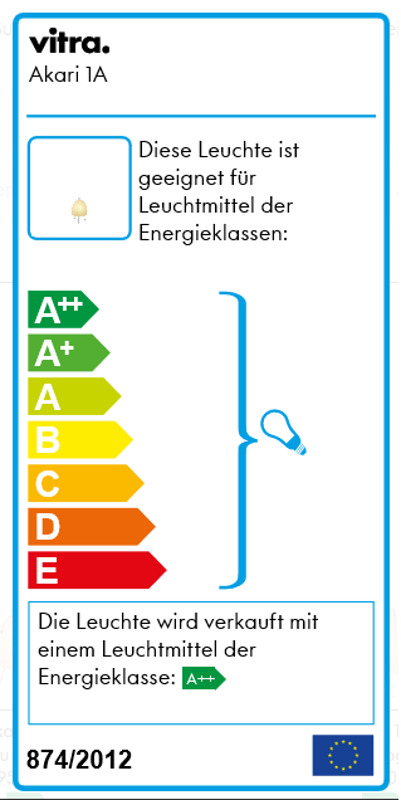 Vitra Akari 1A Energieetikett: Energieeffizienzklassen von A++ bis E für Leuchtmittel, verkauft mit A++ Lampe.