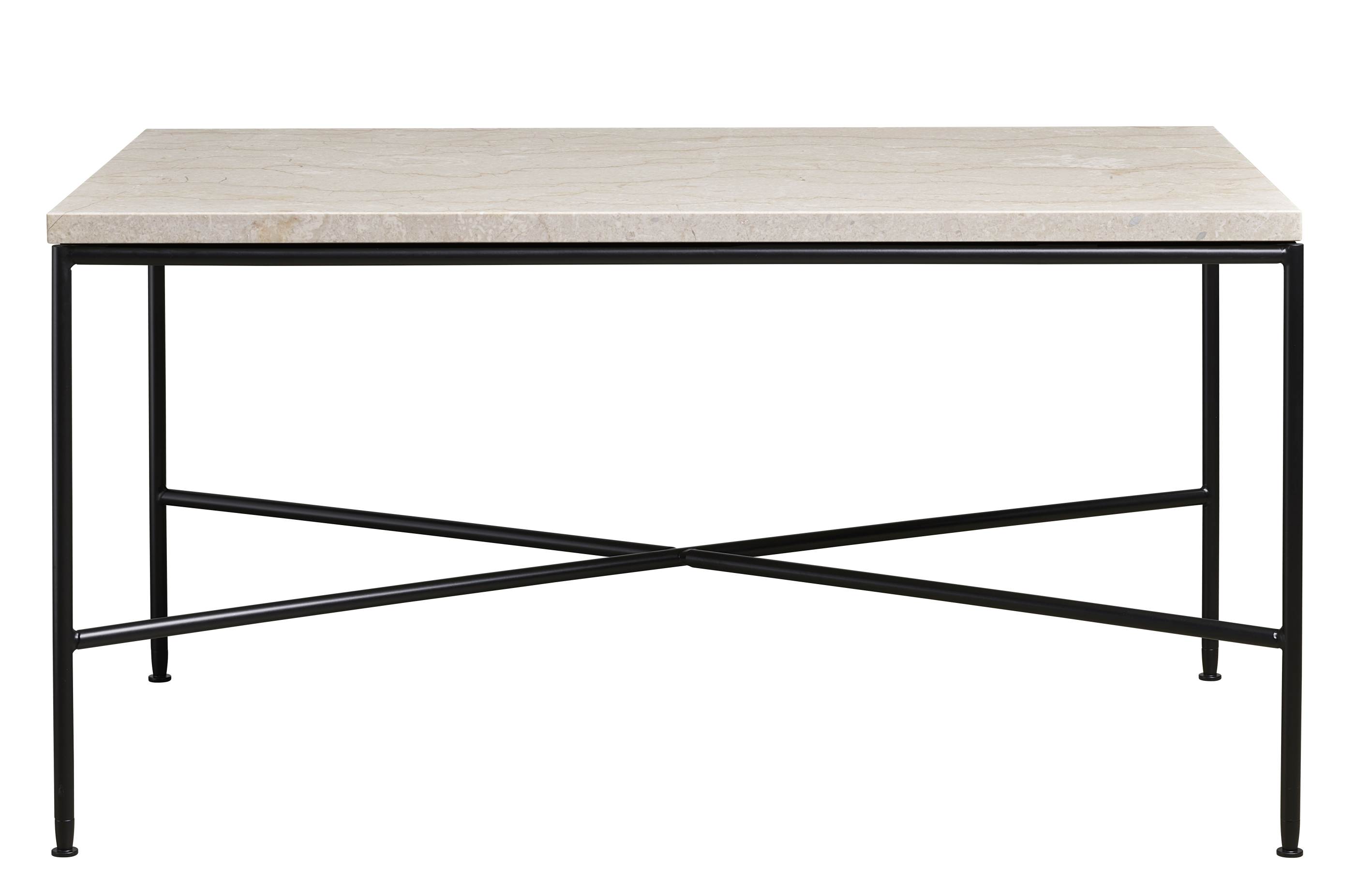 Fritz Hansen Planner Couchtisch mit quadratischer, beiger Marmorplatte und schwarzem Metallgestell.
